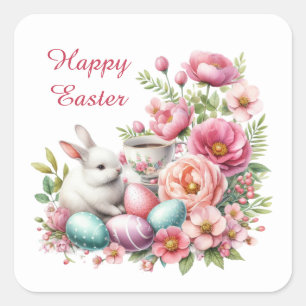 Cute Happy Easter bunny watercolor Square Sticker