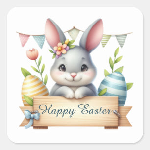 Cute Happy Easter bunny watercolor Square Sticker