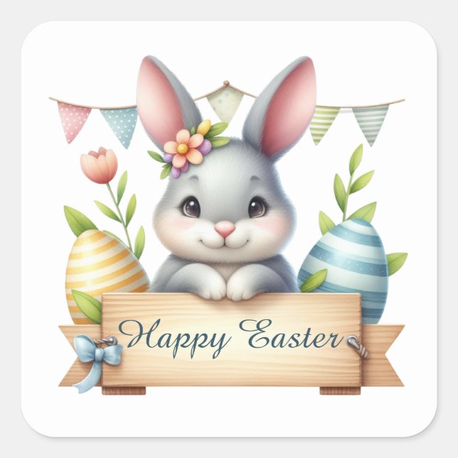 Cute Happy Easter bunny watercolor  Square Sticker (Front)