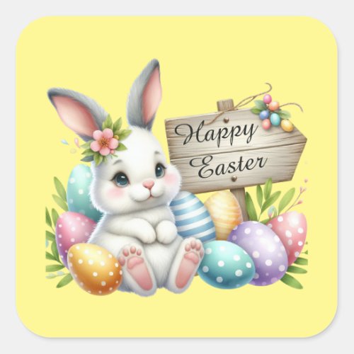 Cute Happy Easter bunny watercolor  Square Sticker