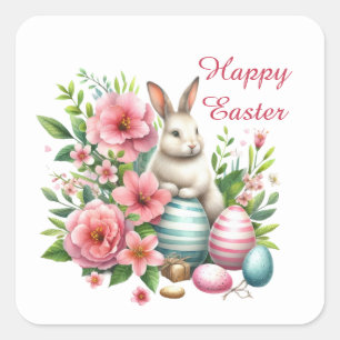 Cute Happy Easter bunny watercolor Square Sticker