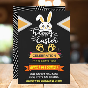 Cute Happy Easter Bunny with Yellow Paw Prints  Invitation