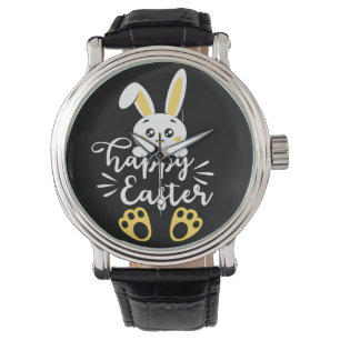Cute Happy Easter Bunny with Yellow Paw Prints Watch