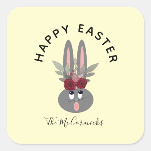Cute Happy Easter Bunny Yellow Floral Personalized Square Sticker