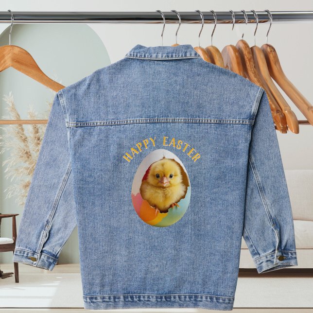 Cute Happy Easter Chick Hatching Colorful Egg Denim Jacket (A denim jacket with Happy Easter words and cute fluffy chick hatching out of a colourful egg)