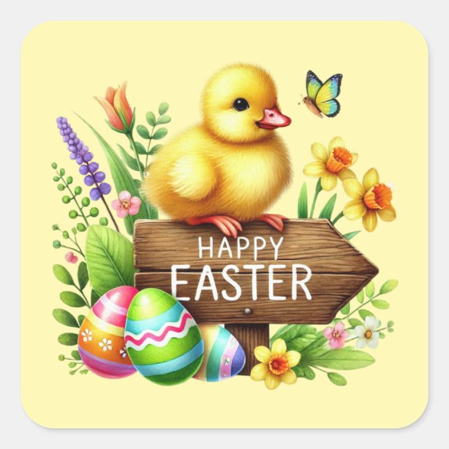 Cute Happy Easter chick Square Sticker (Front)