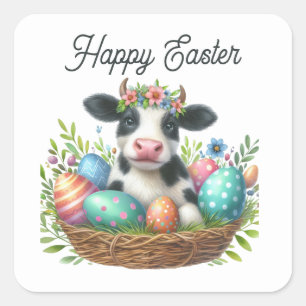 Cute Happy Easter cow add text watercolor Square Sticker