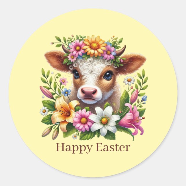 Cute Happy Easter cow  Classic Round Sticker (Front)