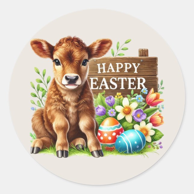 Cute Happy Easter cow Classic Round Sticker (Front)