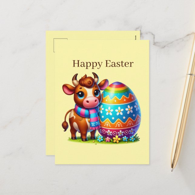Cute Happy Easter cow farm animal  Holiday Postcard (Front/Back In Situ)
