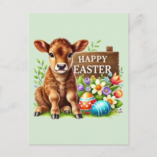 Cute Happy Easter cow  Holiday Postcard (Front)