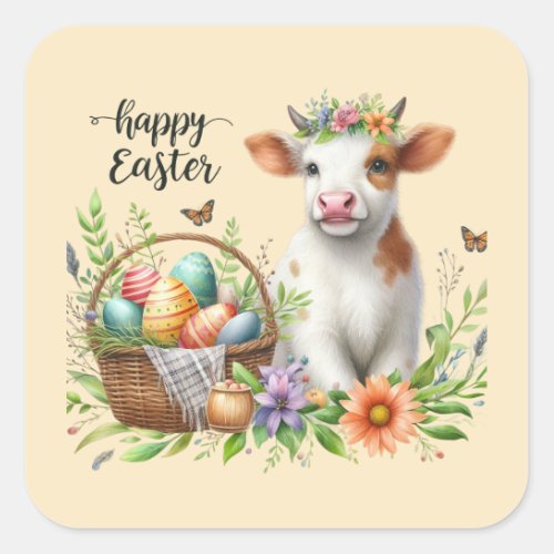 Cute Happy Easter cow watercolor  Square Sticker