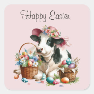 Cute Happy Easter cow watercolor Square Sticker