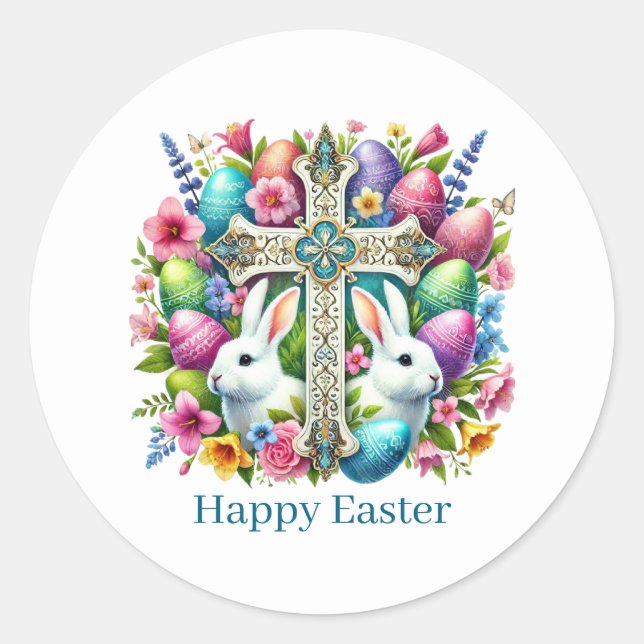 Cute Happy Easter Cross  Classic Round Sticker (Front)