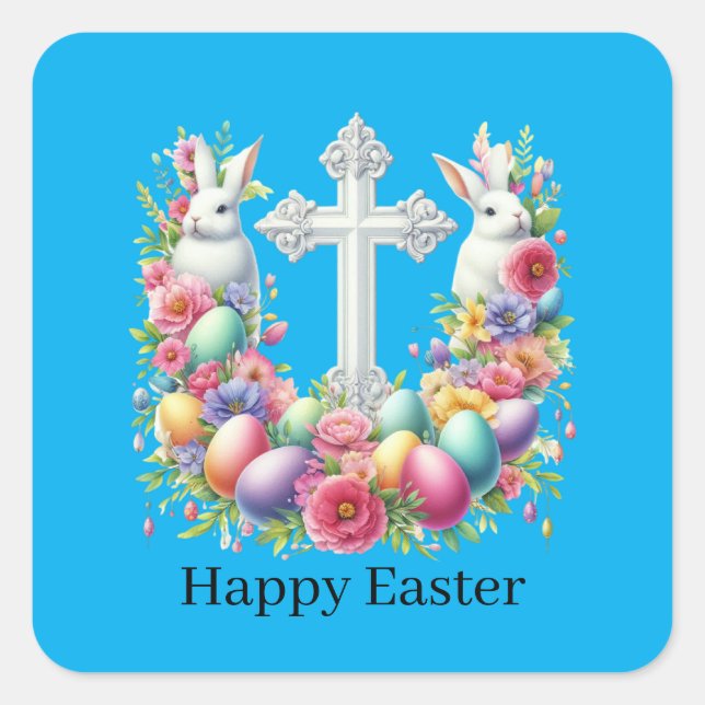 Cute Happy Easter Cross Square Sticker (Front)