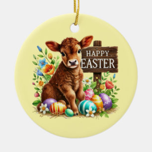 Cute Happy Easter customizable cow Ceramic Ornament