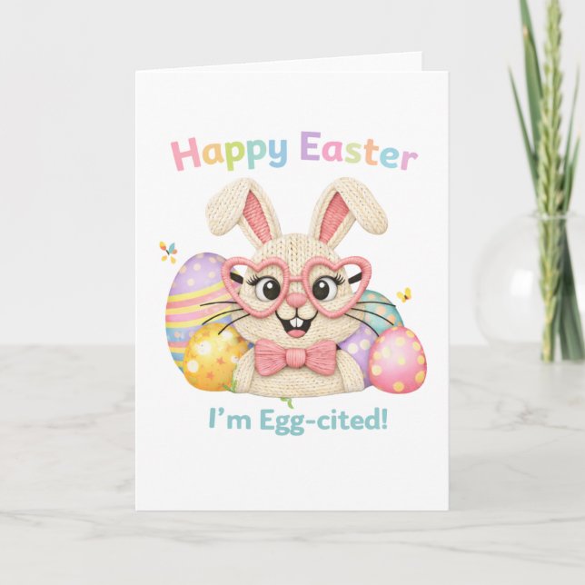 Cute Happy Easter Egg-cited Bunny  Card (Front)
