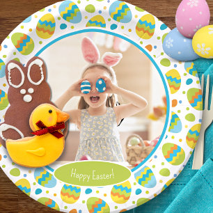 Cute Happy Easter Egg Pattern with Photo Party Paper Plates