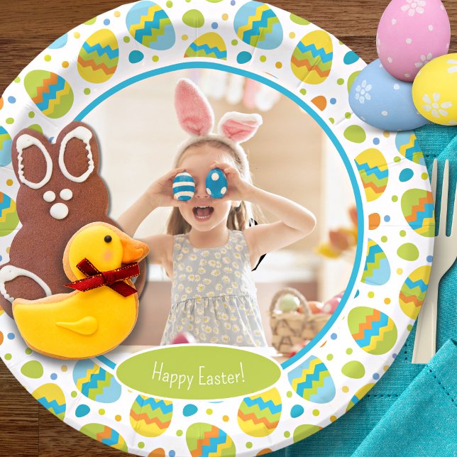 Cute Happy Easter Egg Pattern with Photo Party Paper Plates (Creator Uploaded)