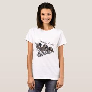 Cute Happy Easter Eggs Black Floral Motif Trendy T-Shirt