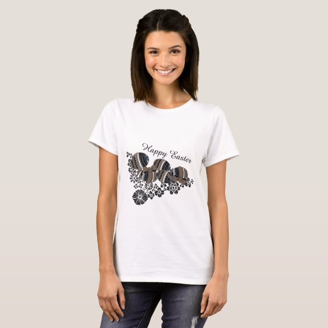 Cute Happy Easter Eggs Black Floral Motif Trendy  T-Shirt (Front Full)