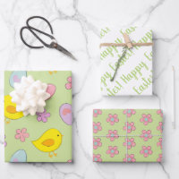Cute Happy Easter Eggs Chicks Flowers Spring green Wrapping Paper Sheets