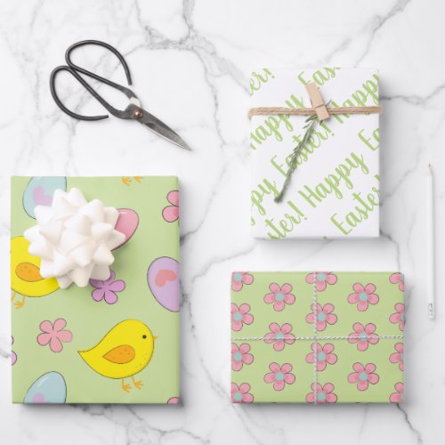 Cute Happy Easter Eggs Chicks Flowers Spring green Wrapping Paper Sheets