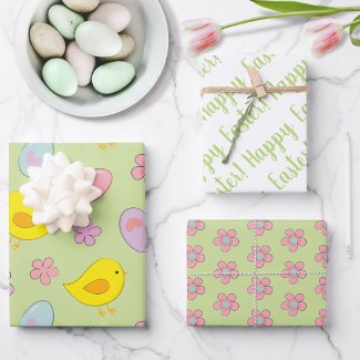 Cute Happy Easter Eggs Chicks Flowers Spring green