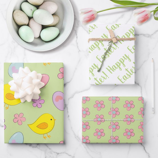 Cute Happy Easter Eggs Chicks Flowers Spring green Wrapping Paper Sheets (Creator Uploaded)
