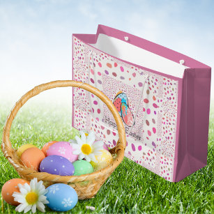 Cute Happy Easter Eggs Pink Speckles Modern Chic Large Gift Bag