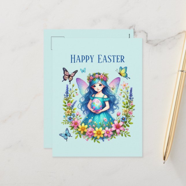 Cute Happy Easter Fairy add message Holiday Postcard (Front/Back In Situ)