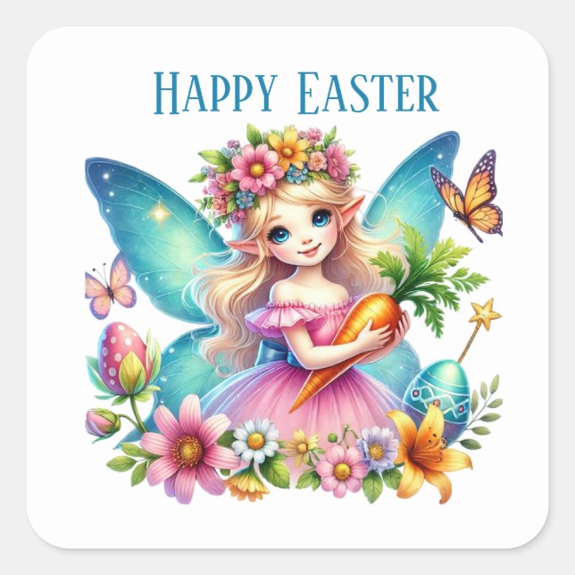 Cute Happy Easter fairy add message Holiday  Square Sticker (Front)