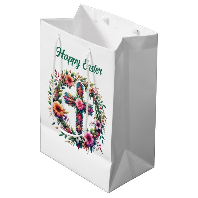 Cute Happy Easter floral Cross customizable  Medium Gift Bag (Front Angled)