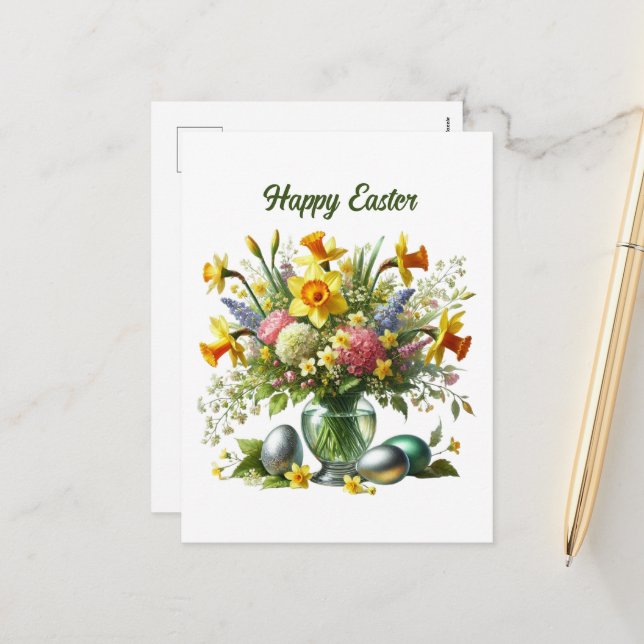 Cute Happy Easter flowers add message Holiday Postcard (Front/Back In Situ)