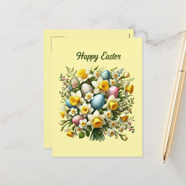 Cute Happy Easter flowers add message  Holiday Postcard (Front/Back In Situ)