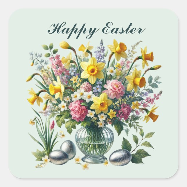 Cute Happy Easter flowers  Square Sticker (Front)