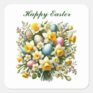 Cute Happy Easter flowers Square Sticker