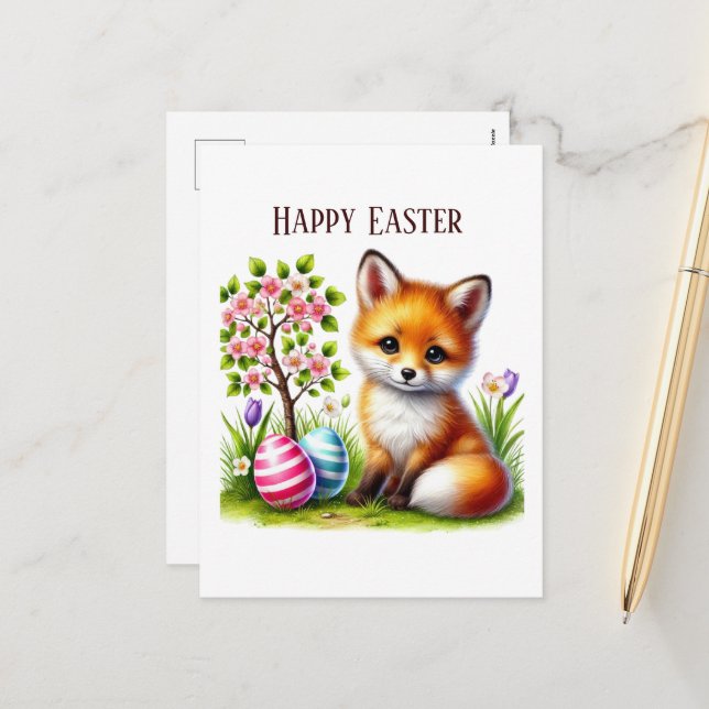 Cute Happy Easter fox add message  Holiday Postcard (Front/Back In Situ)