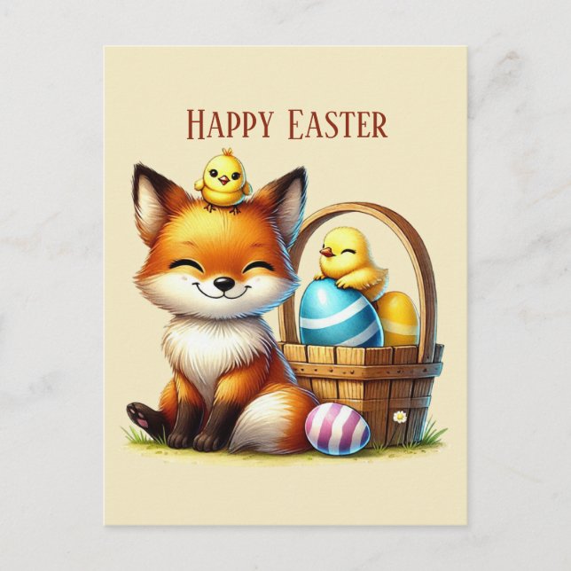 Cute Happy Easter fox add message  Holiday Postcard (Front)