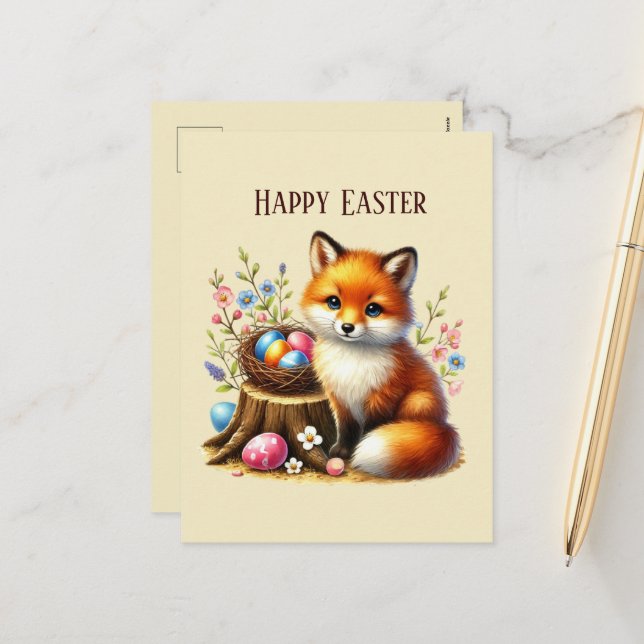 Cute Happy Easter fox add message  Holiday Postcard (Front/Back In Situ)