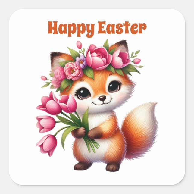 Cute happy Easter fox bunny Square Sticker (Front)
