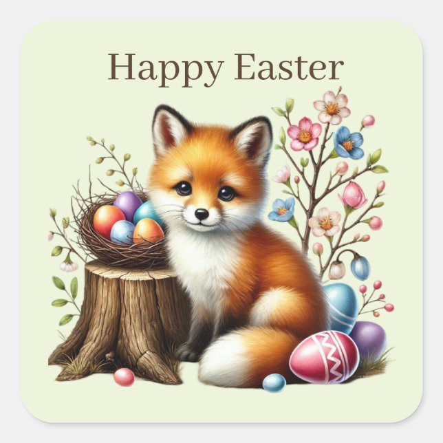 Cute Happy Easter fox  Square Sticker (Front)
