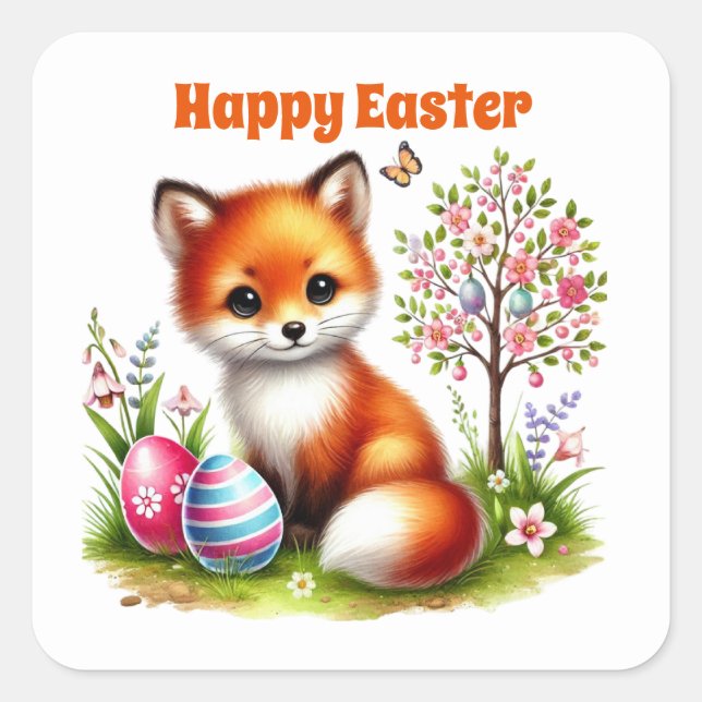 Cute happy Easter fox Square Sticker (Front)