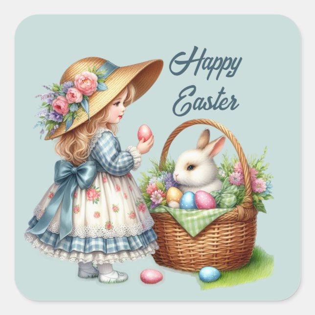 Cute happy Easter girl add text Square  Sticker (Front)