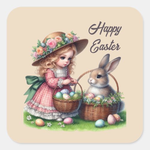 Cute happy Easter girl add text Square Sticker