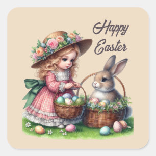 Cute happy Easter girl add text Square Sticker