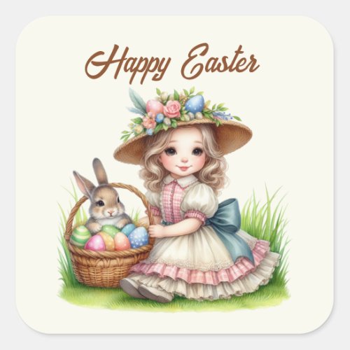 Cute happy Easter girl add text Square Sticker