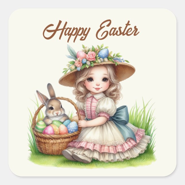 Cute happy Easter girl add text Square Sticker (Front)