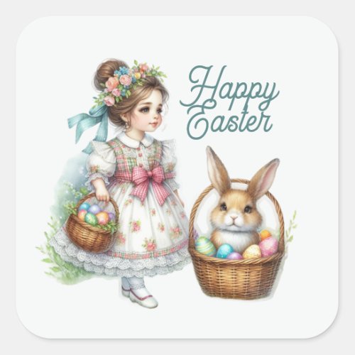 Cute happy Easter girl add text  Square Sticker