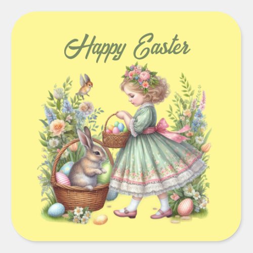 Cute happy Easter girl add text  Square Sticker